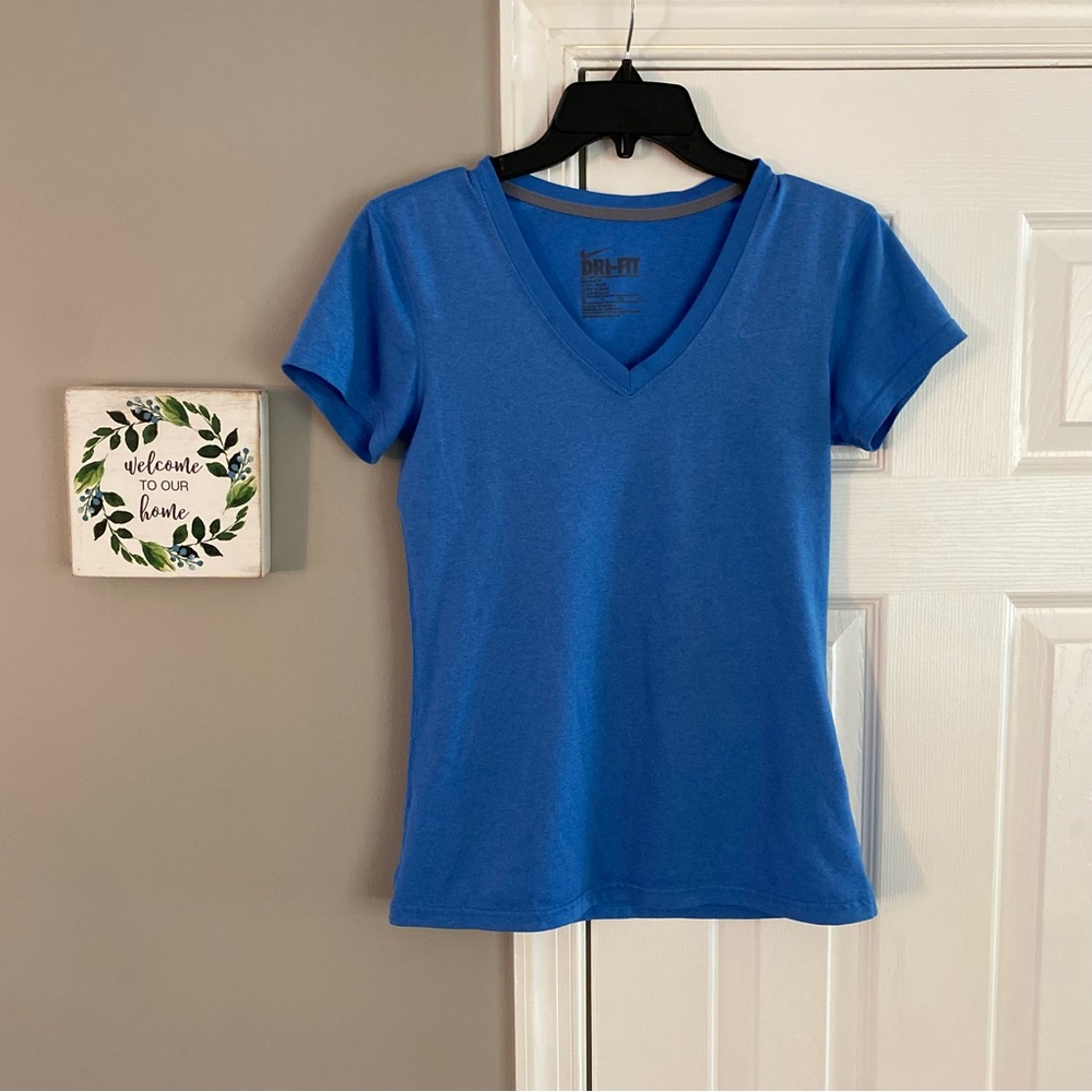 Nike Dri Fit Regular Fit V Neck Short Sleeve Shirt Blue Womens XS Athletic